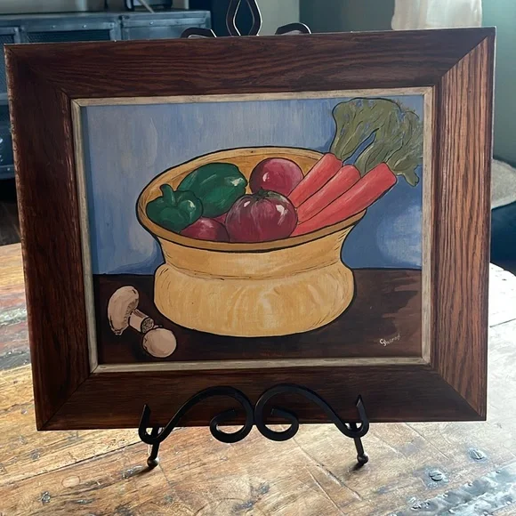 Vintage 1964 Framed Kitchen Vegetables Painting - Picture 2 of 5